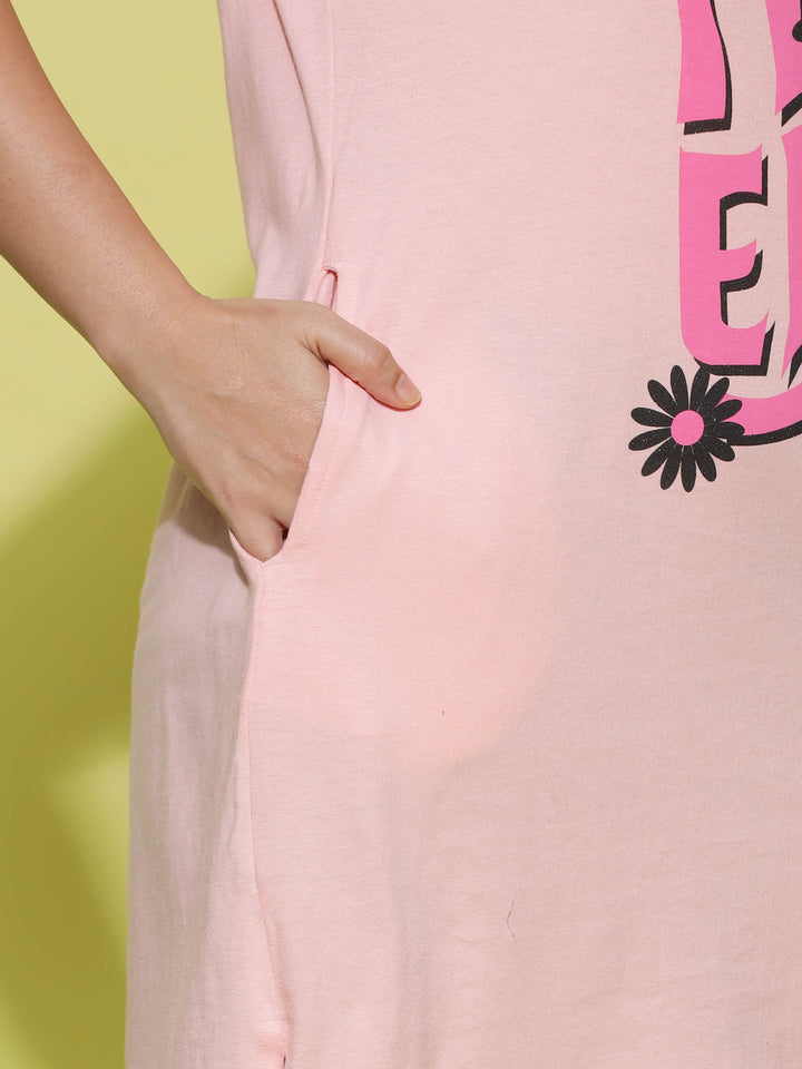 Light Pink Casual Long T-Shirt for Women with Side Pocket