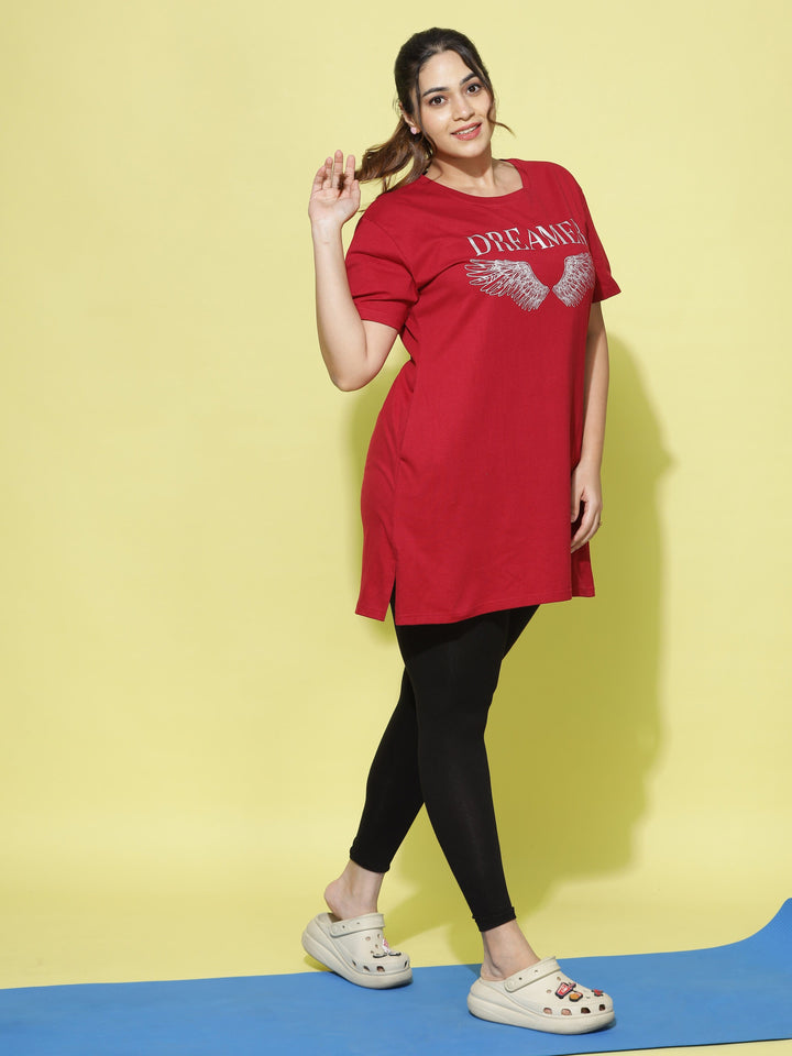 Red Cotton Long T-Shirt for Women Designed for Comfort and Style