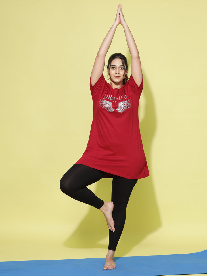 Red Cotton Long T-Shirt for Women Designed for Comfort and Style