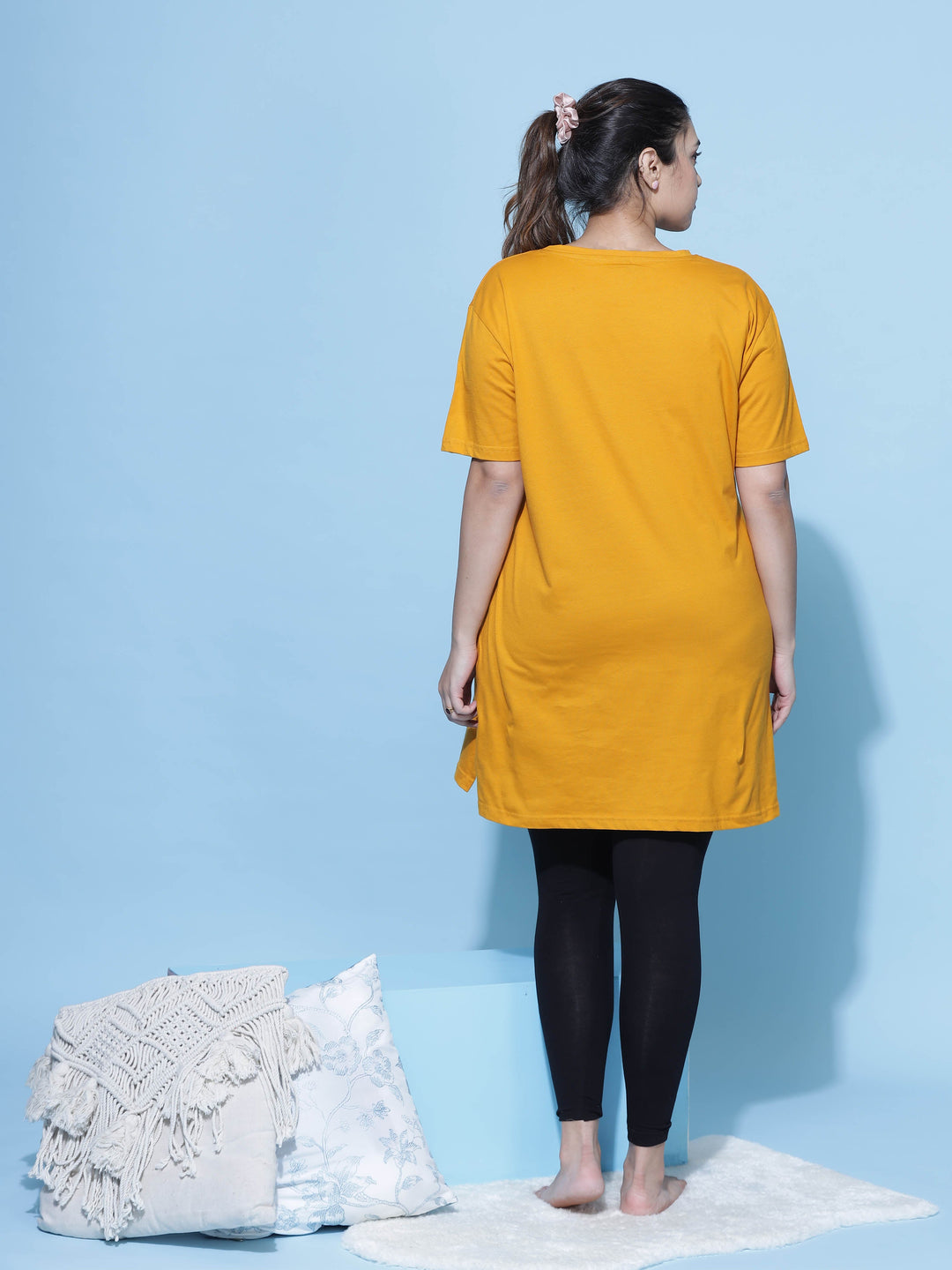 Mustard Yellow Printed Long T-Shirt for Women Crafted for Style