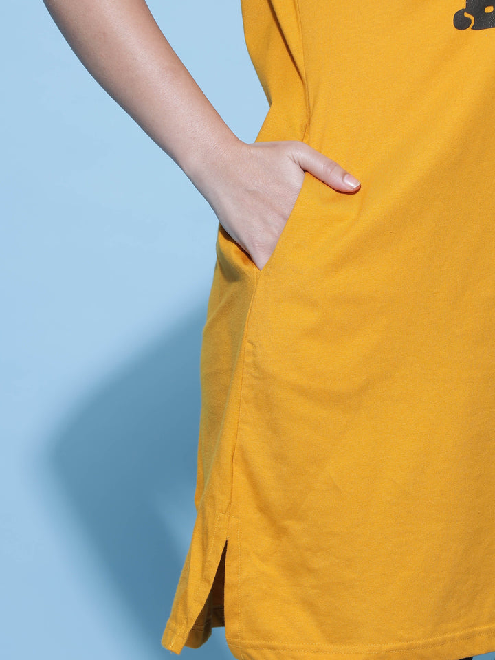 Mustard Yellow Printed Long T-Shirt for Women Crafted for Style