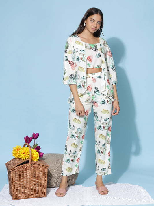 Ivory Multi Leaf Print 3 Piece Coord Set for Women with Shrug and Crop Top