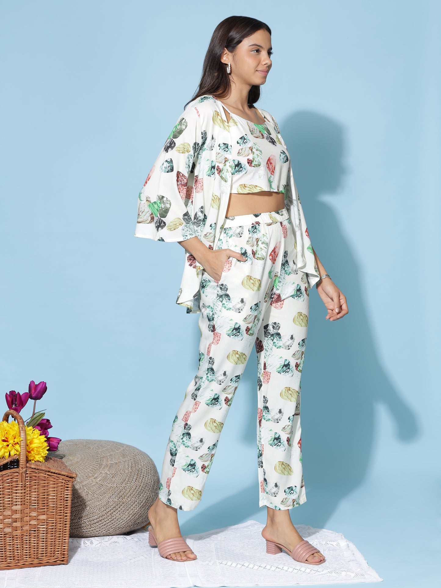 Ivory Multi Leaf Print 3 Piece Coord Set for Women with Shrug and Crop Top