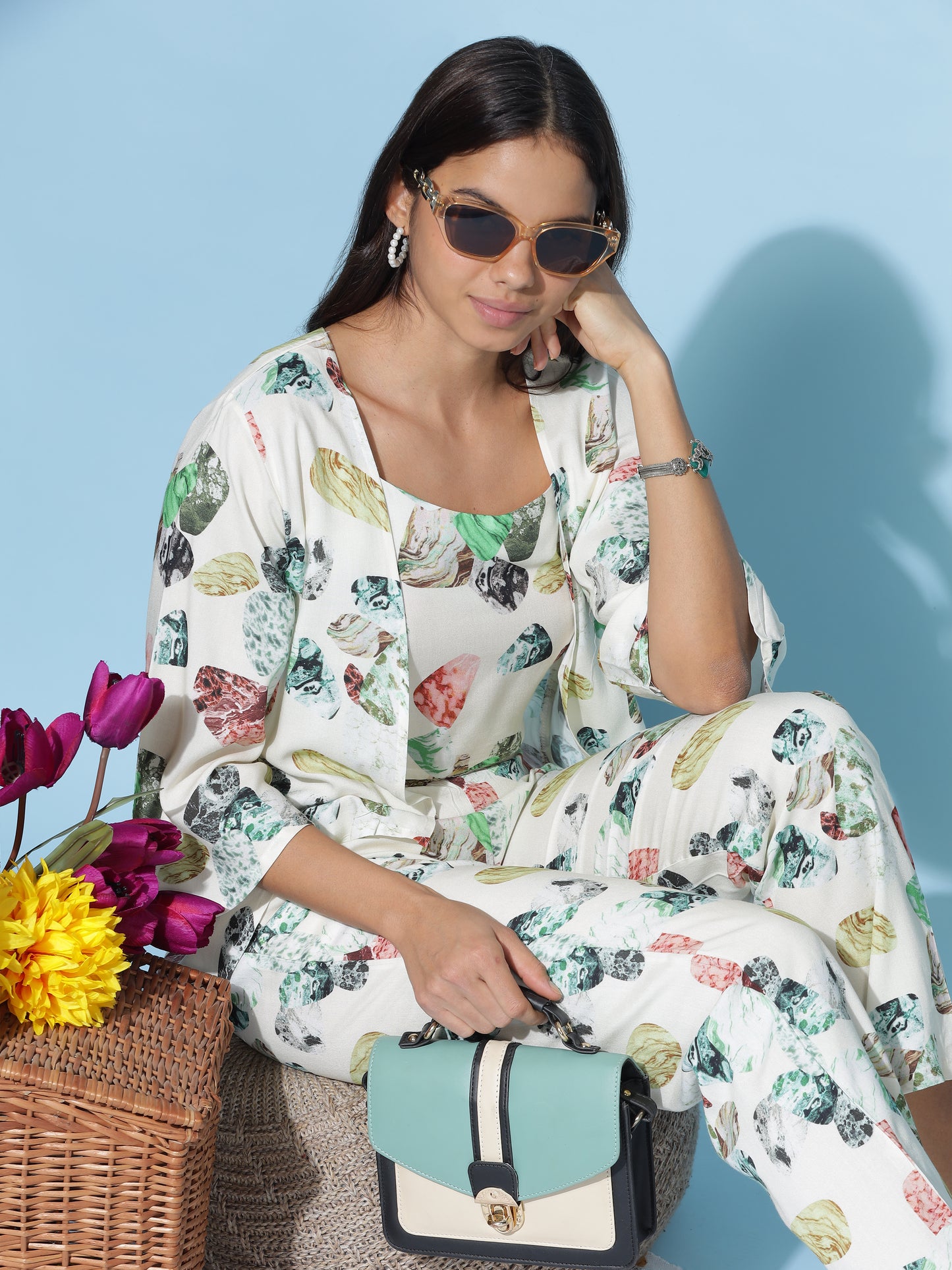 Ivory Multi Leaf Print 3 Piece Coord Set for Women with Shrug and Crop Top
