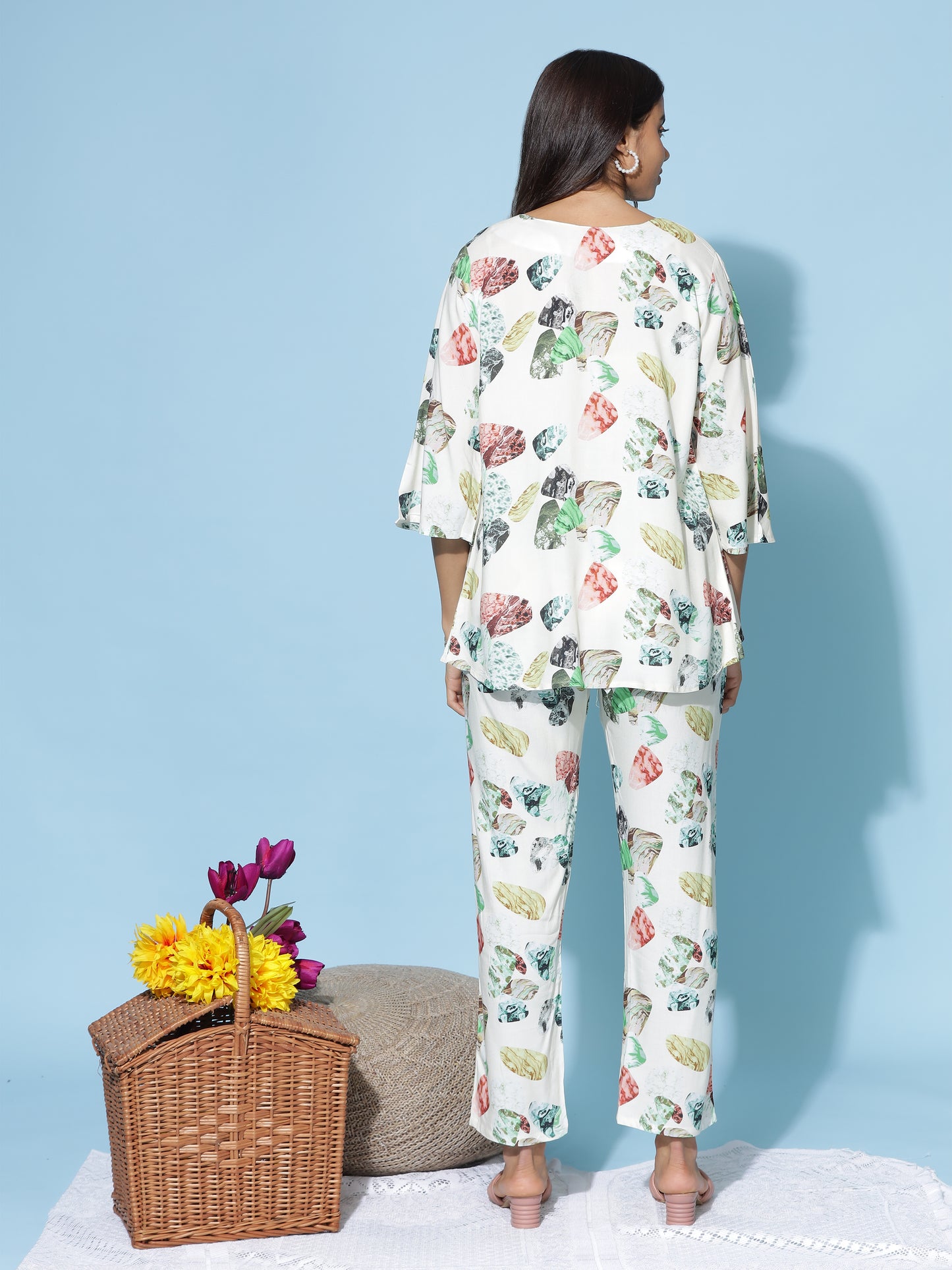 Ivory Multi Leaf Print 3 Piece Coord Set for Women with Shrug and Crop Top
