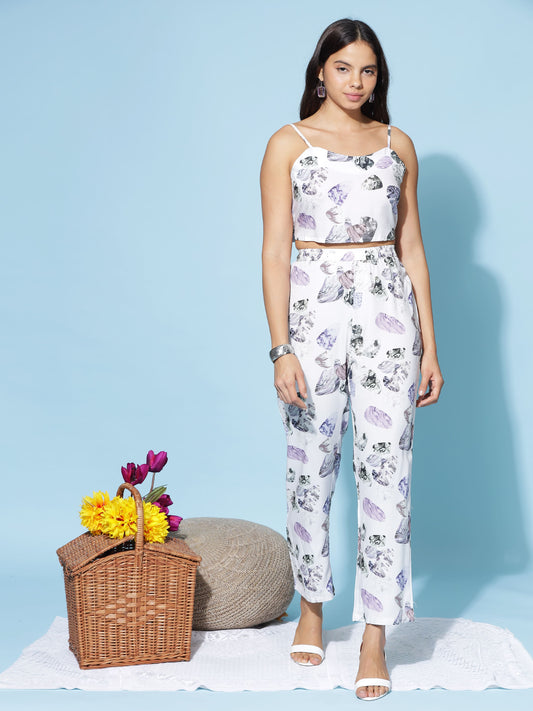 Lilac Grey Print 3 Piece Coord Set for Women with Shrug and Crop Top