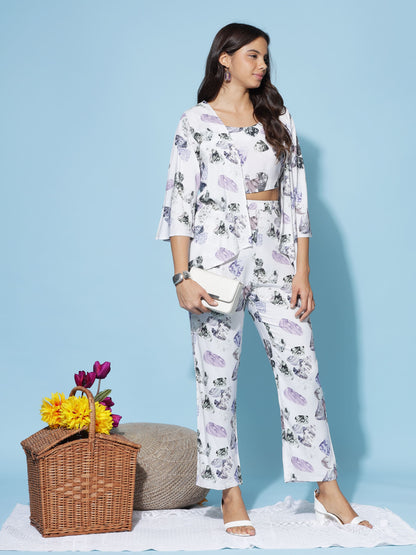 Lilac Grey Print 3 Piece Coord Set for Women with Shrug and Crop Top