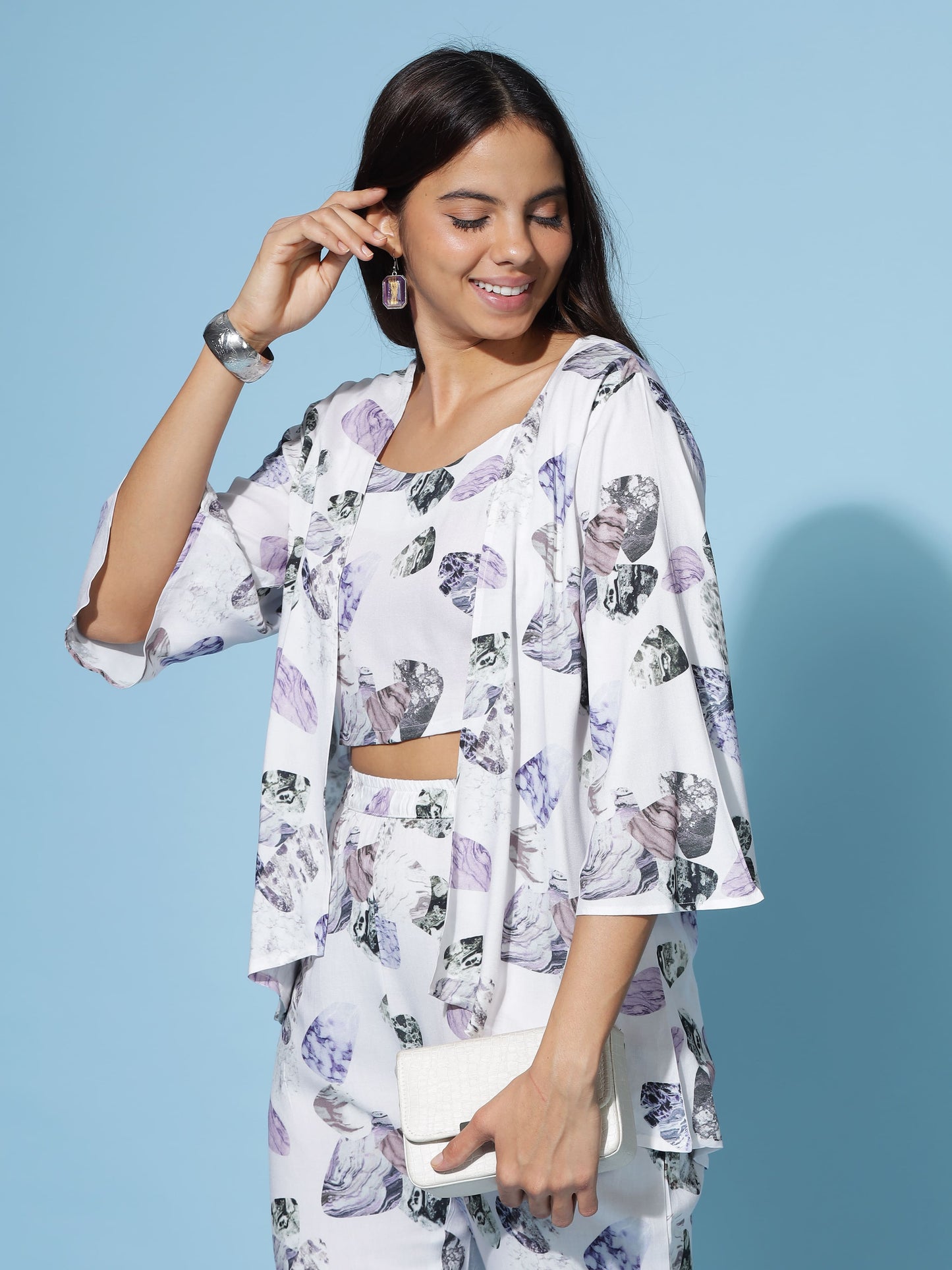 Lilac Grey Print 3 Piece Coord Set for Women with Shrug and Crop Top