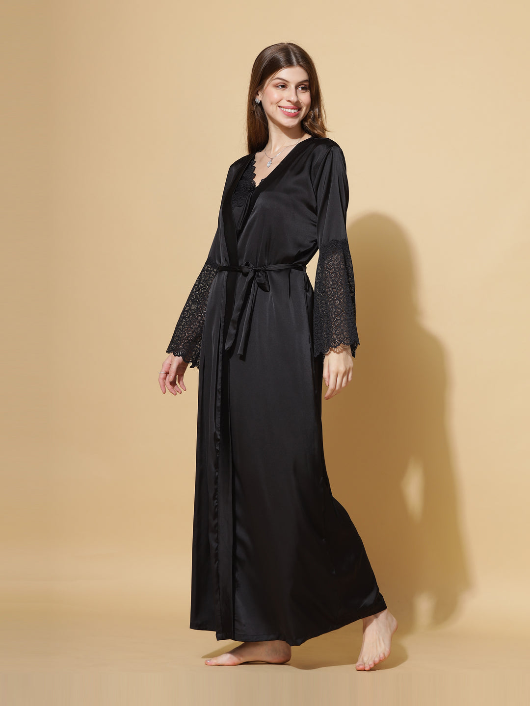Luxury Love Black Long Robe with Long Gown Bridal Nightwear
