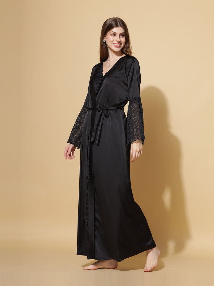 Luxury Love Black Long Robe with Long Gown Bridal Nightwear