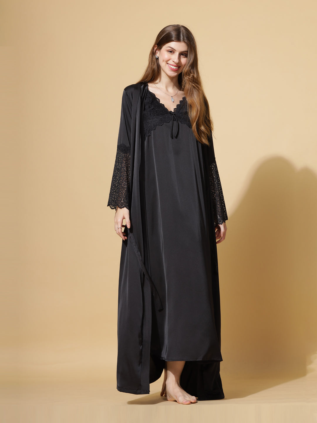 Luxury Love Black Long Robe with Long Gown Bridal Nightwear