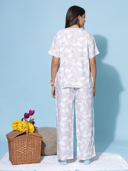 Misty Lilac Rayon Coord Set for Women with Leaf Print and Relaxed Summer Fit