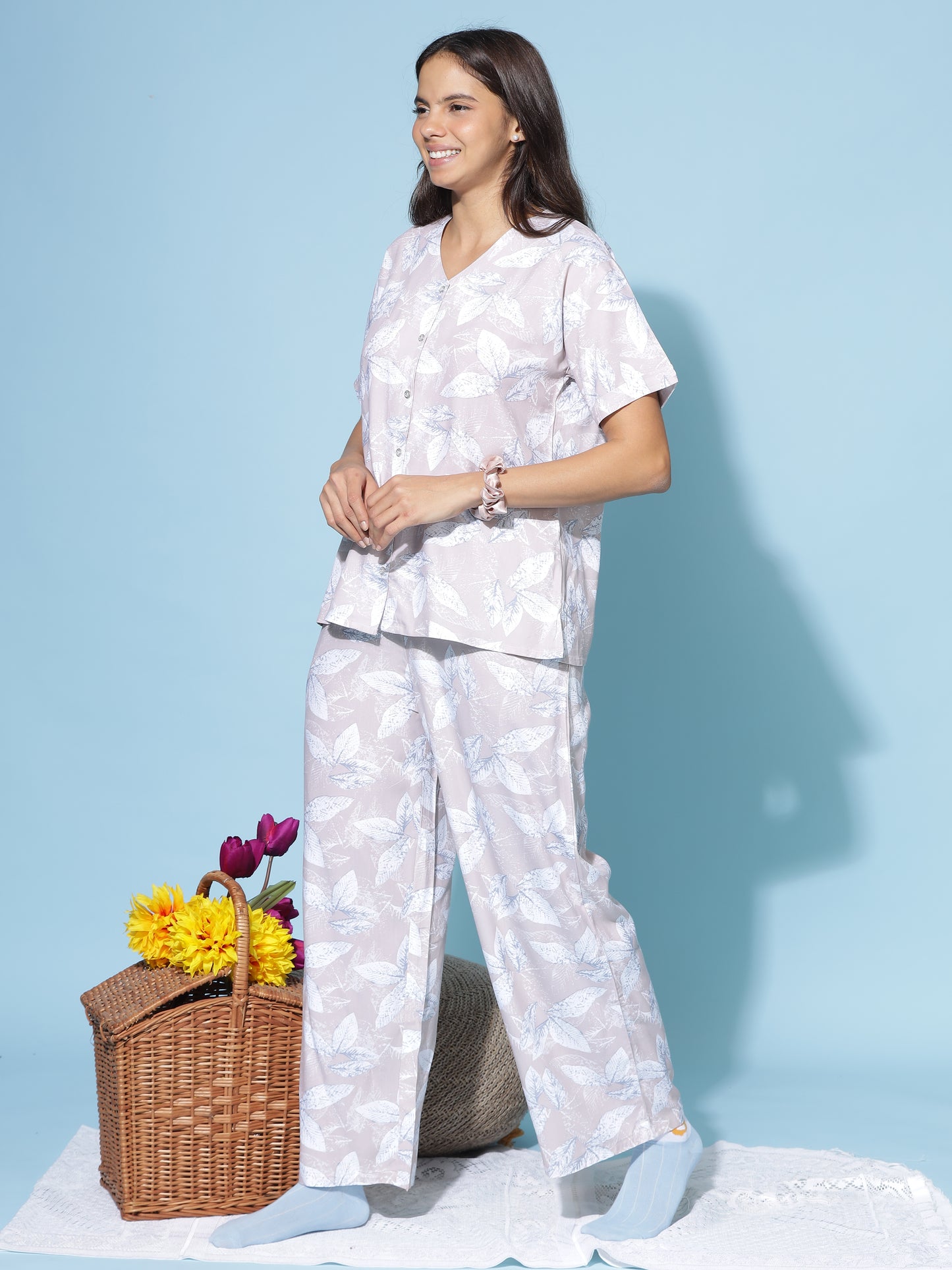 Misty Lilac Rayon Coord Set for Women with Leaf Print and Relaxed Summer Fit