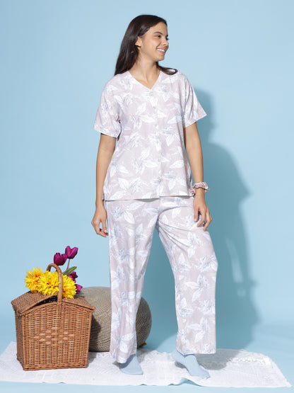 Misty Lilac Rayon Coord Set for Women with Leaf Print and Relaxed Summer Fit