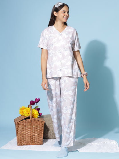Misty Lilac Rayon Coord Set for Women with Leaf Print and Relaxed Summer Fit