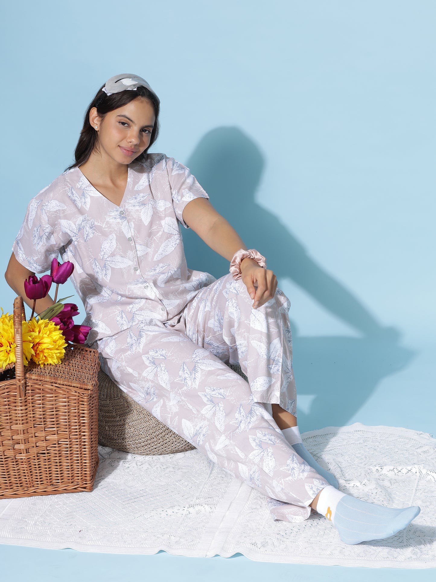Misty Lilac Rayon Coord Set for Women with Leaf Print and Relaxed Summer Fit