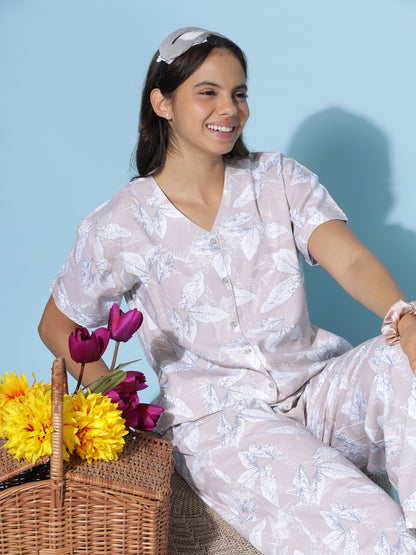 Misty Lilac Rayon Coord Set for Women with Leaf Print and Relaxed Summer Fit