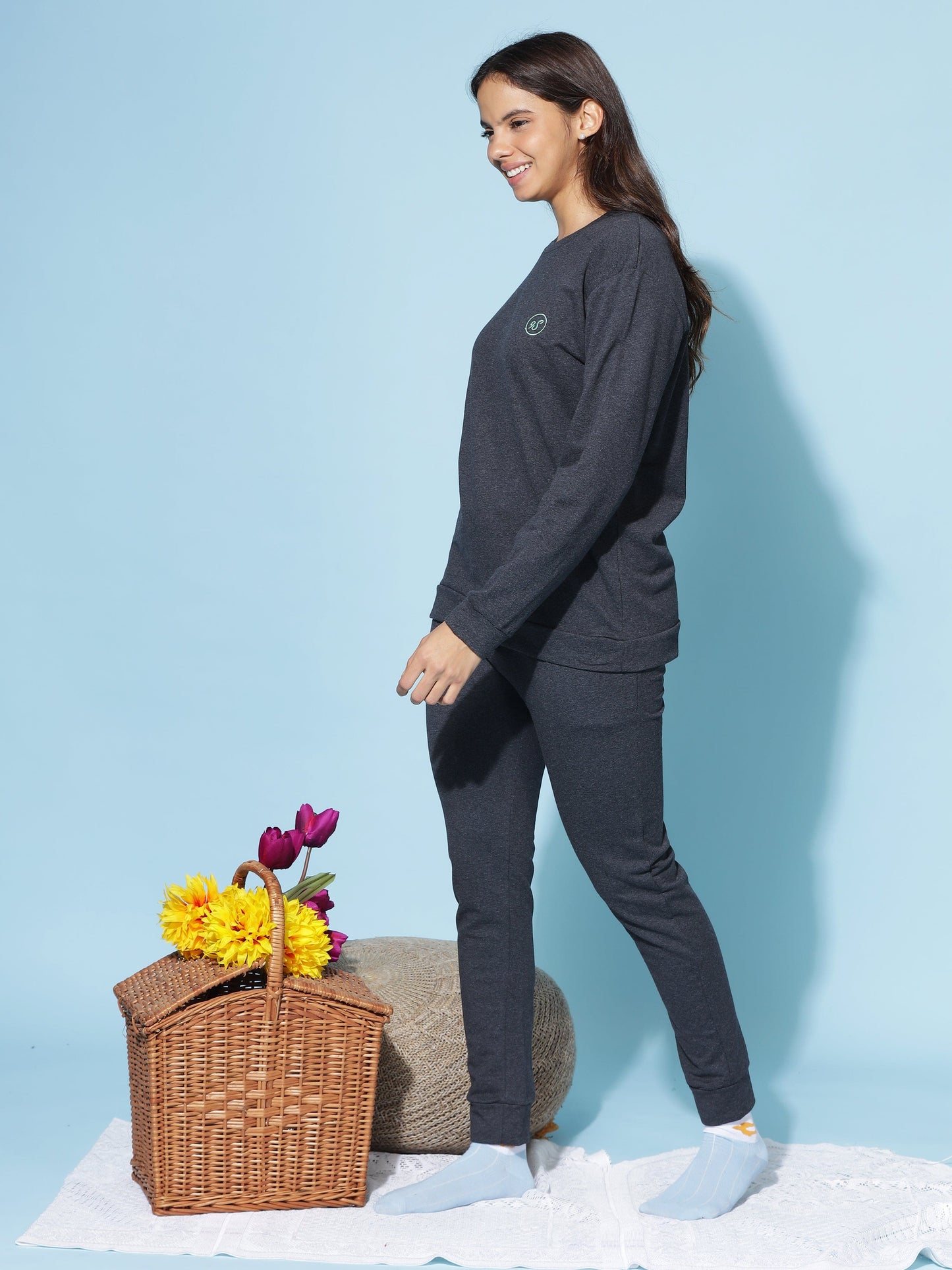 Ash Charcoal Hosiery Cotton Winter Track Suit for Women | Coord Set