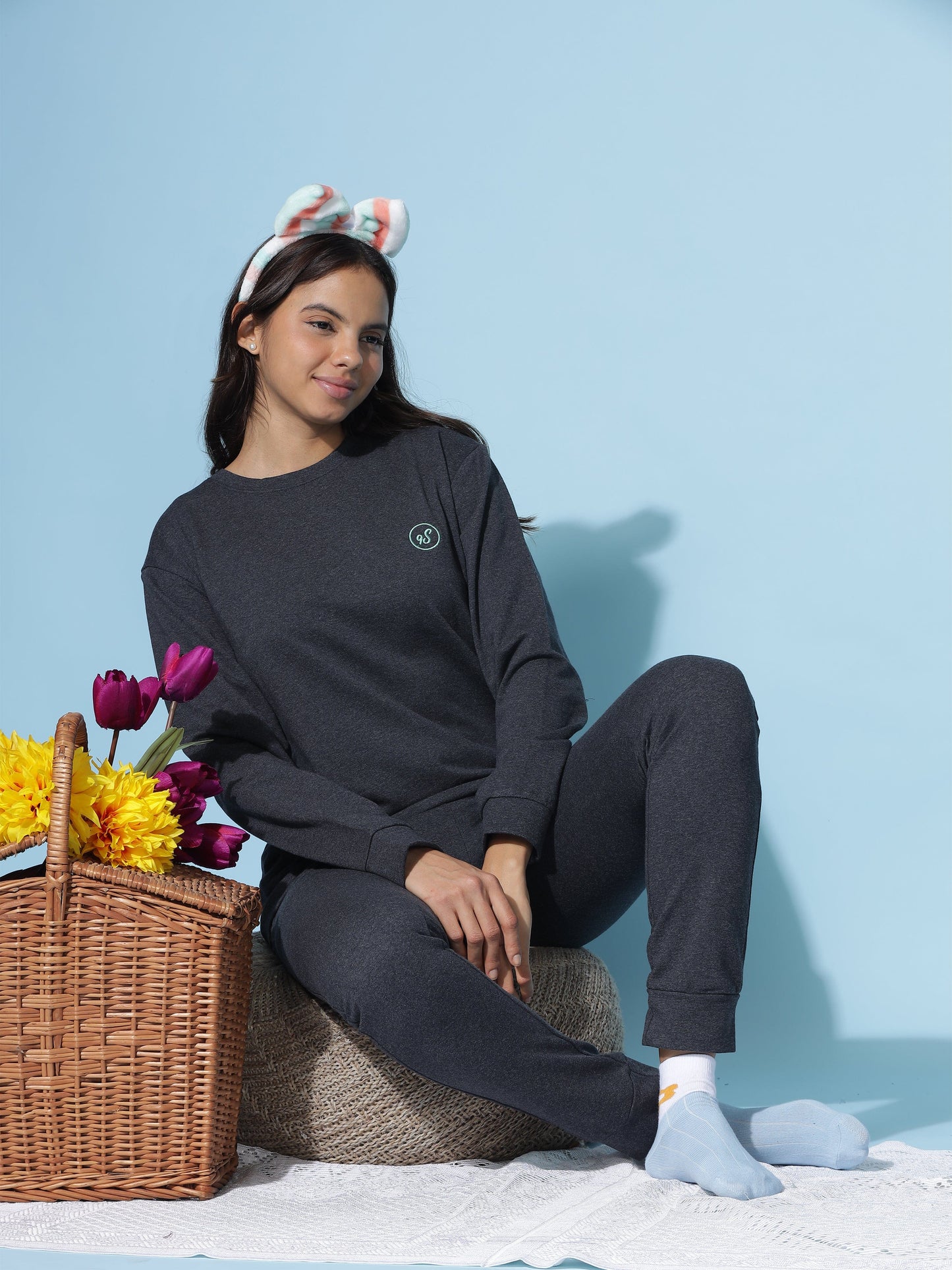 Ash Charcoal Hosiery Cotton Winter Track Suit for Women | Coord Set