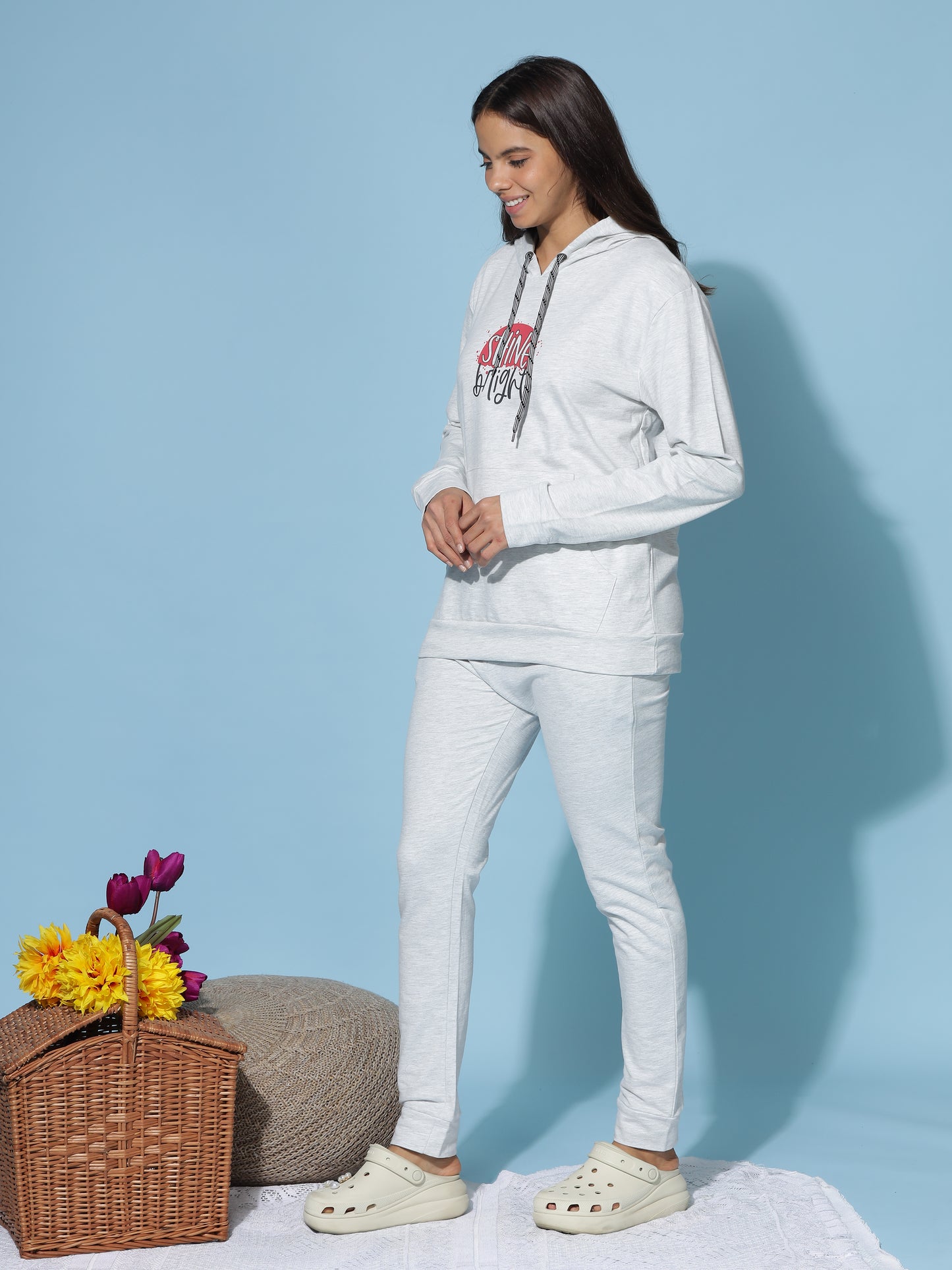 Mist Grey Winter Cotton Coord Set for Women with Cozy Hoodie and Slim Fit Bottoms