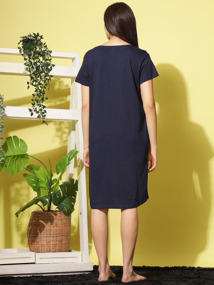 Classic Navy Blue Soft Cotton Short Nighty For Summer