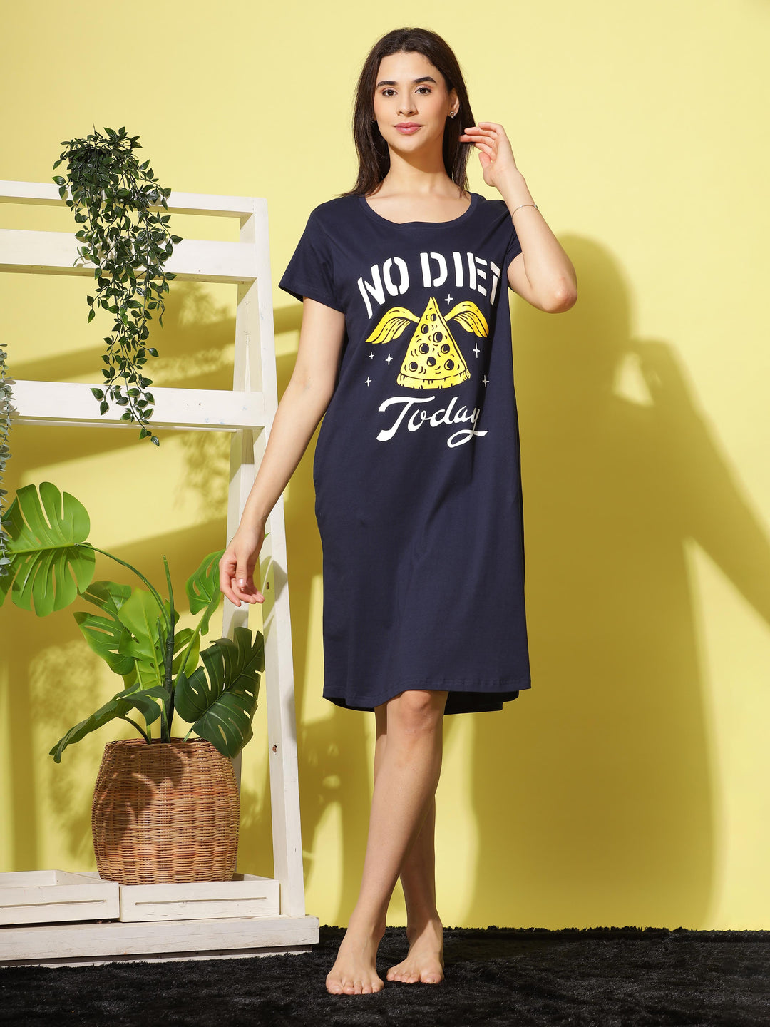 Classic Navy Blue Soft Cotton Short Nighty For Summer