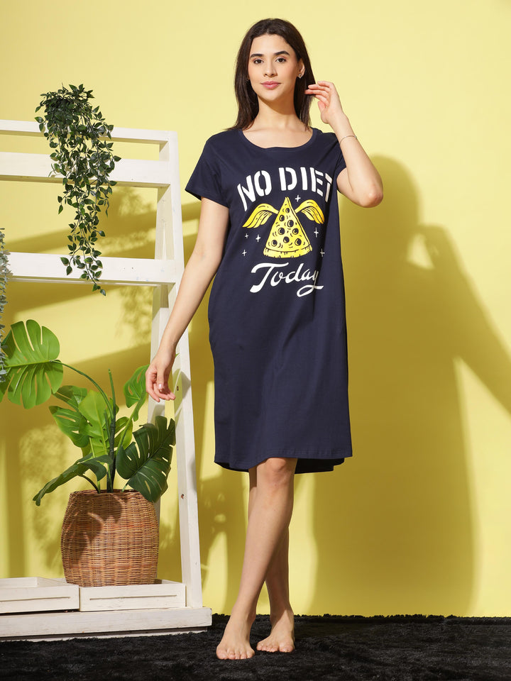 Classic Navy Blue Soft Cotton Short Nighty For Summer