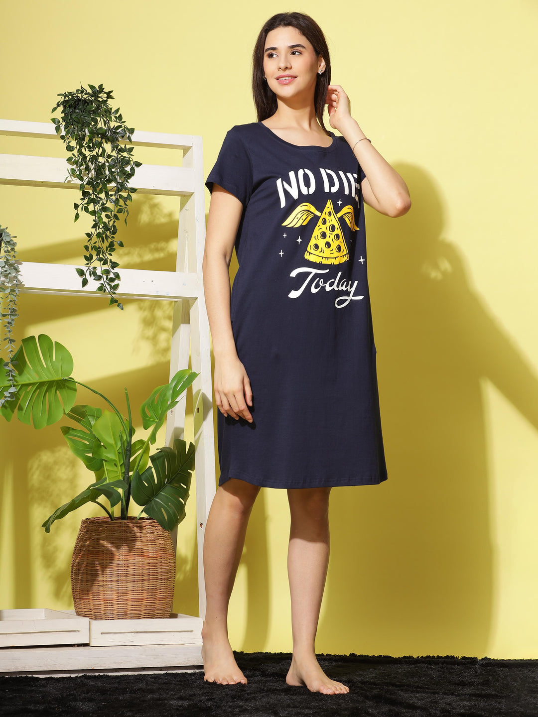 Classic Navy Blue Soft Cotton Short Nighty For Summer