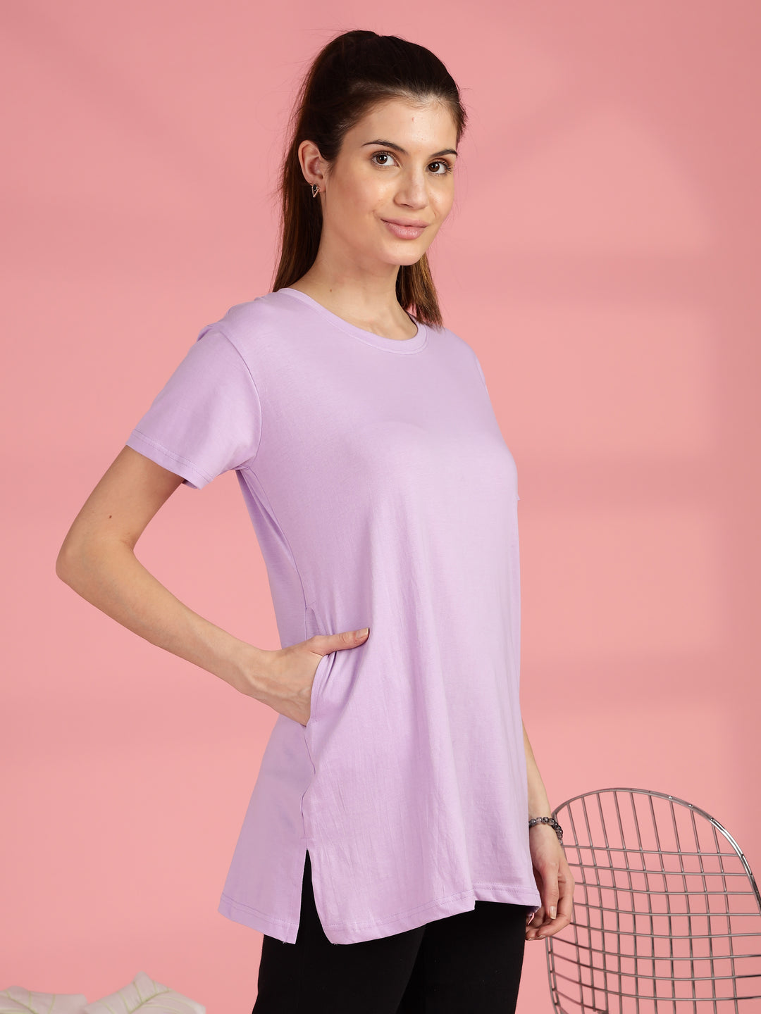 Long Cotton T Shirt for Women with Hip Length Relaxed Fit