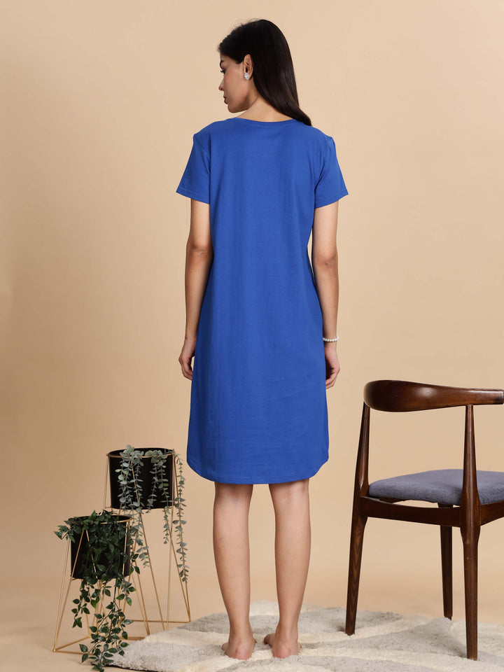 Cozy Berry Blue Premium Cotton Printed Short Nighty for Women