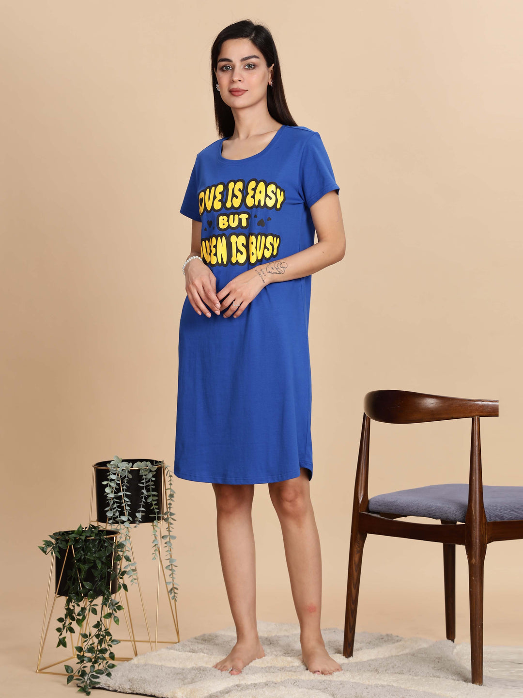 Cozy Berry Blue Premium Cotton Printed Short Nighty for Women