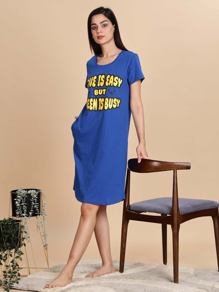 Cozy Berry Blue Premium Cotton Printed Short Nighty for Women