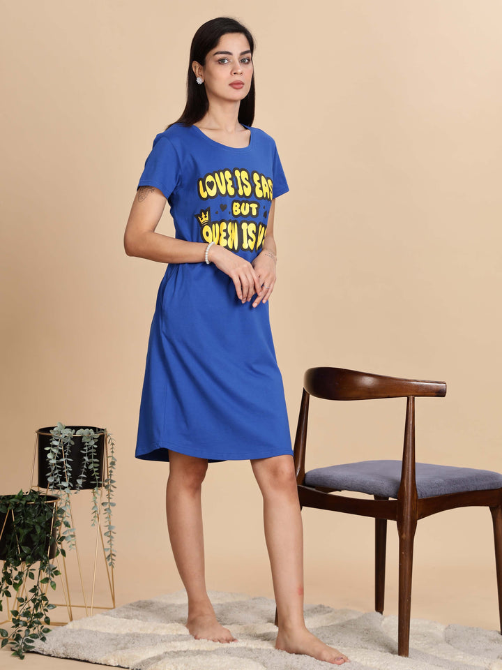 Cozy Berry Blue Premium Cotton Printed Short Nighty for Women