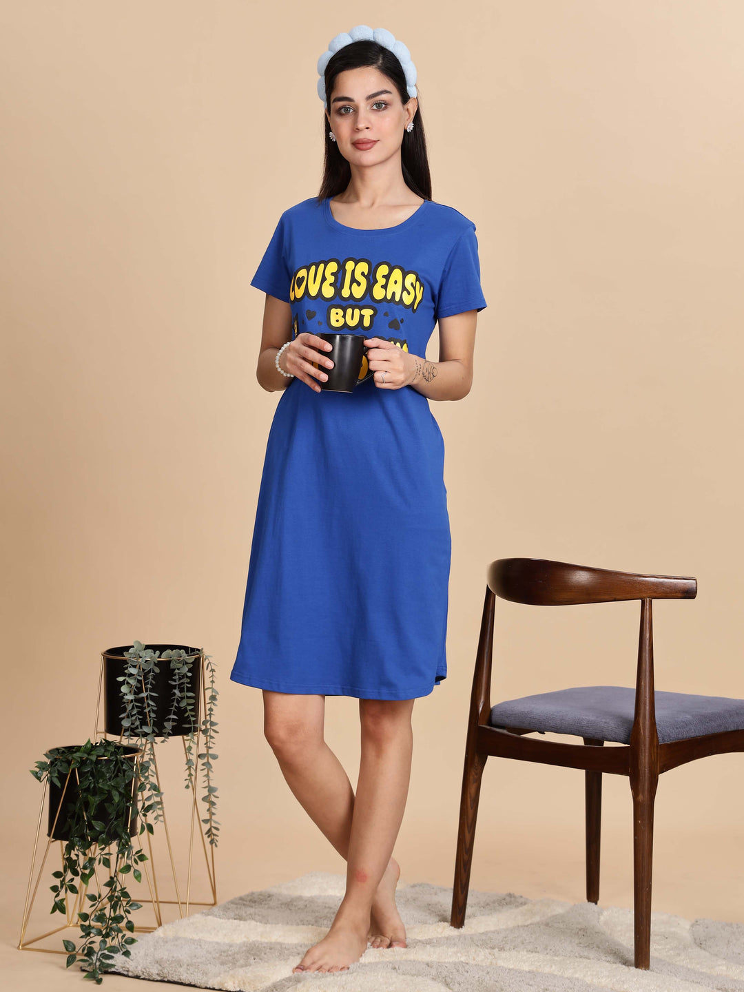Cozy Berry Blue Premium Cotton Printed Short Nighty for Women