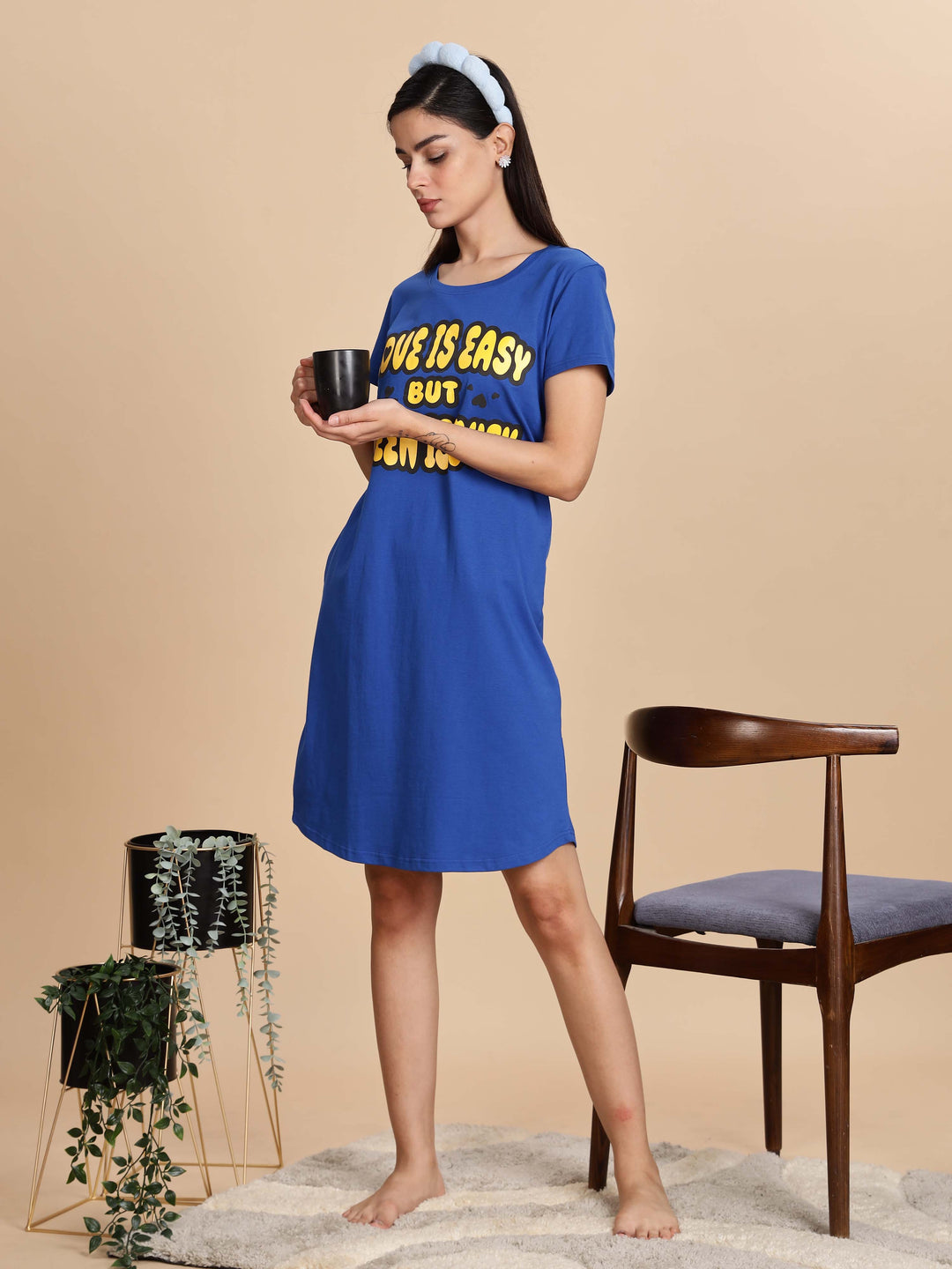 Cozy Berry Blue Premium Cotton Printed Short Nighty for Women