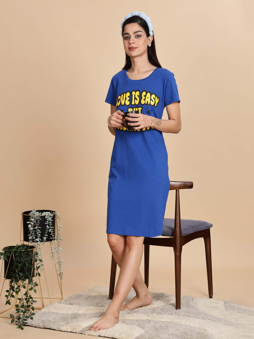 Cozy Berry Blue Premium Cotton Printed Short Nighty for Women
