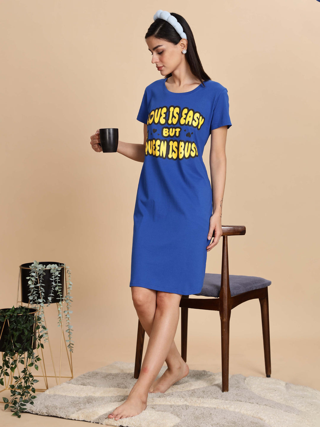 Cozy Berry Blue Premium Cotton Printed Short Nighty for Women