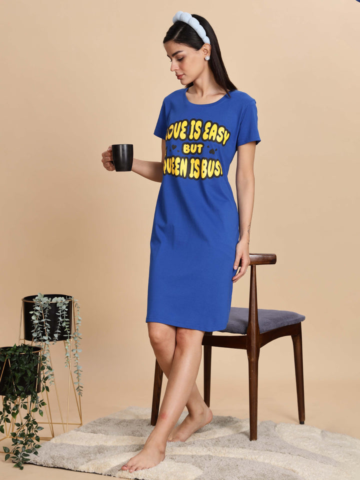 Cozy Berry Blue Premium Cotton Printed Short Nighty for Women