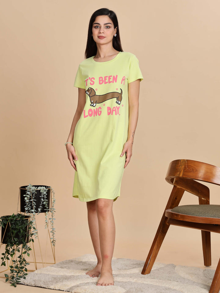 Pista Green Printed Short Nighty For Women For Summer