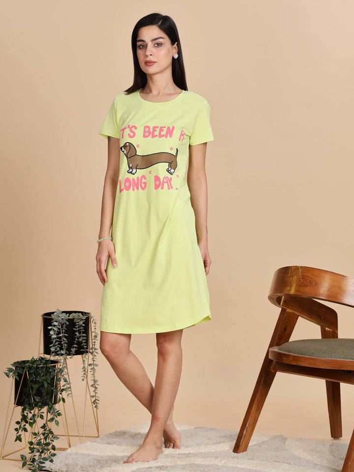 Pista Green Printed Short Nighty For Women For Summer