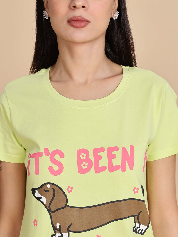 Pista Green Printed Short Nighty For Women For Summer