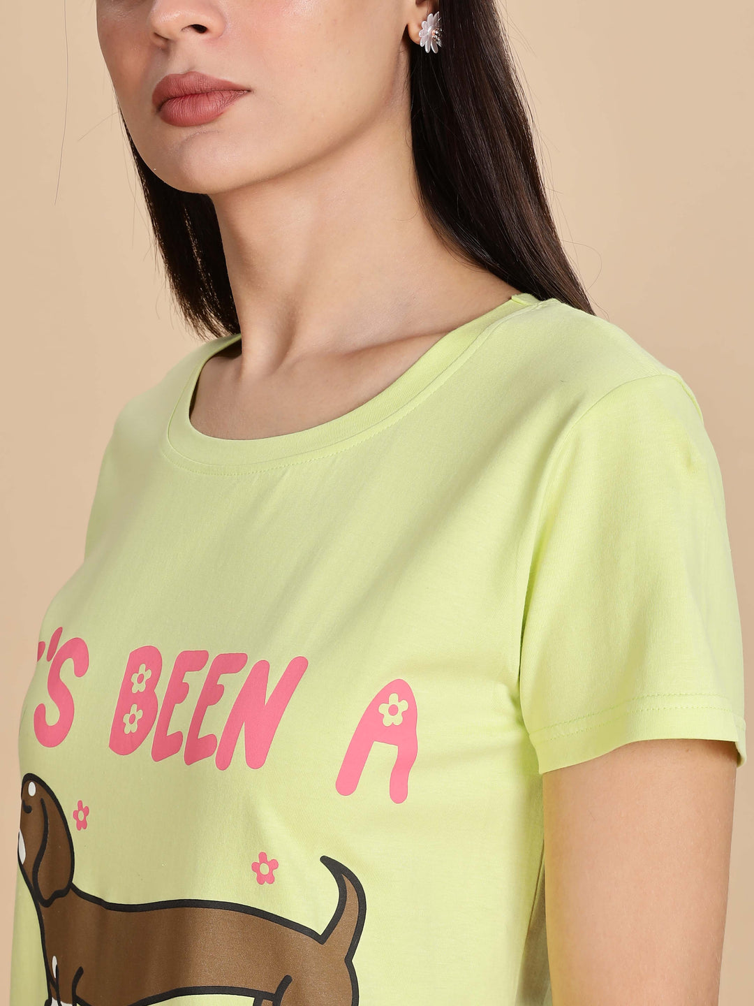 Pista Green Printed Short Nighty For Women For Summer