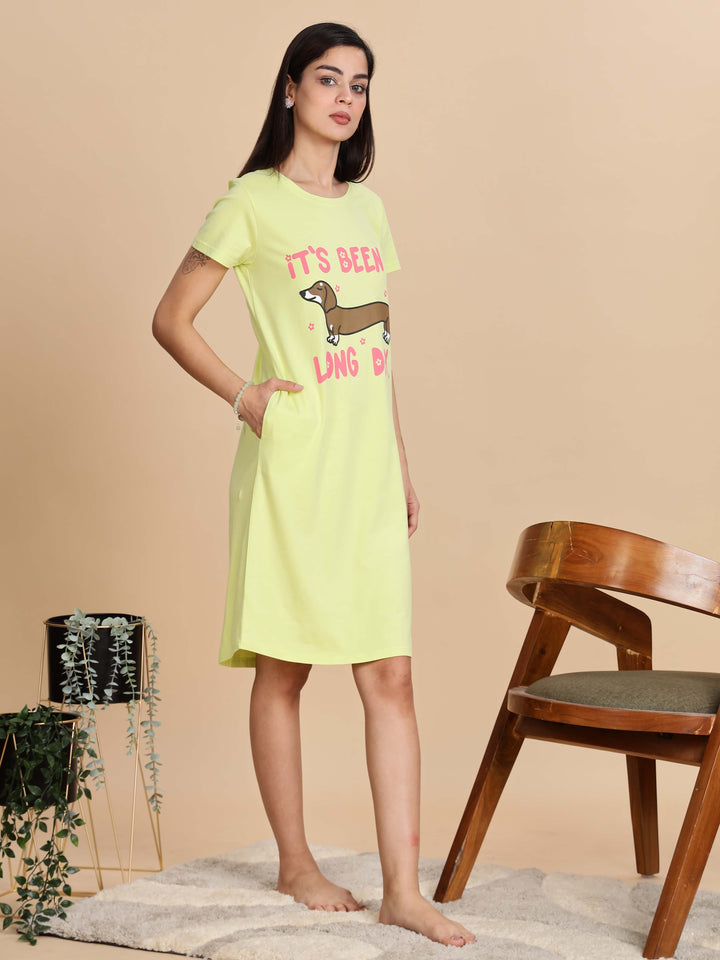 Pista Green Printed Short Nighty For Women For Summer