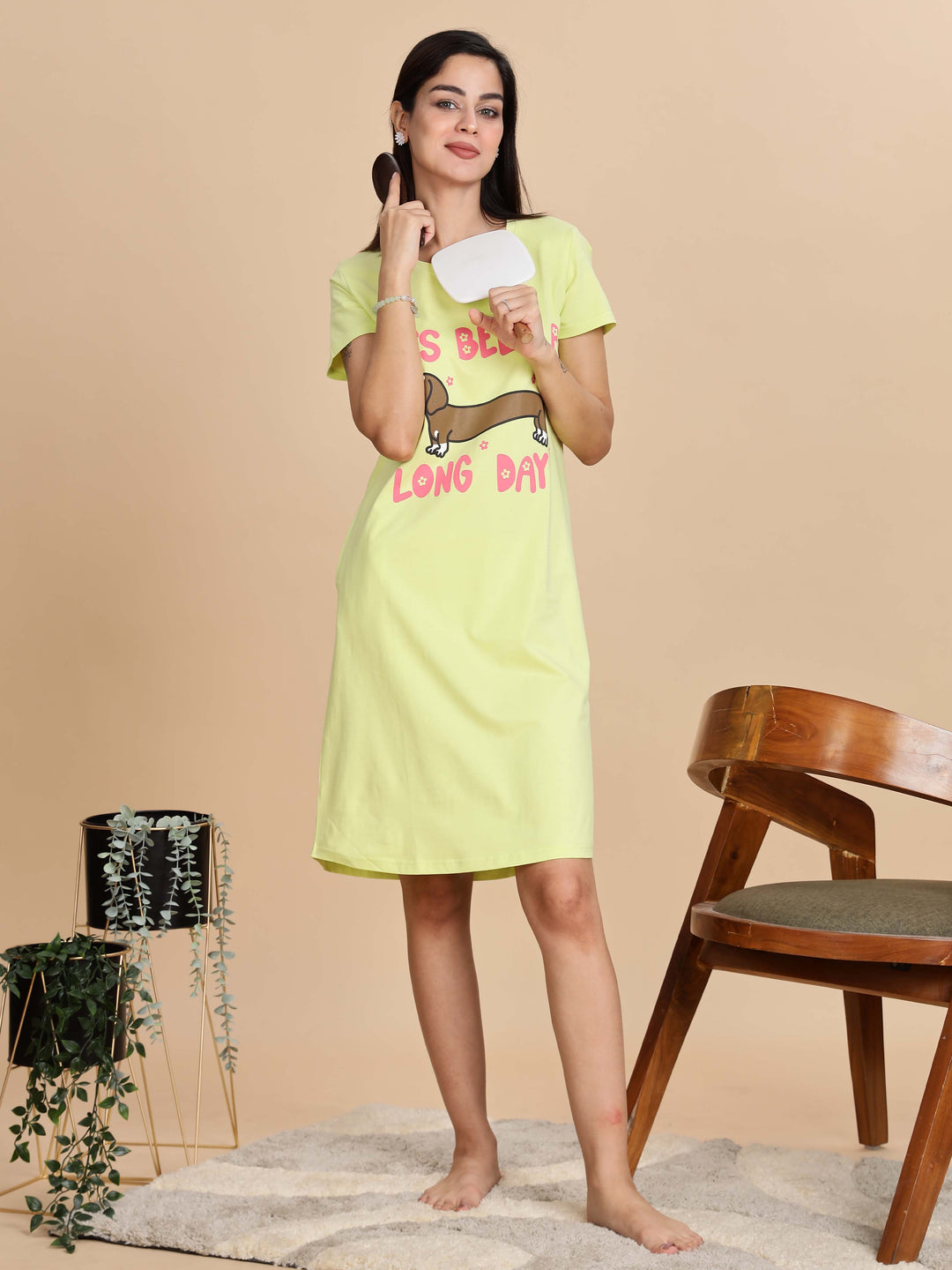 Pista Green Printed Short Nighty For Women For Summer