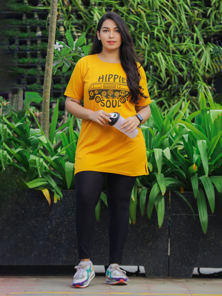 Mustard Yellow Printed Long T-Shirt for Women Crafted for Style