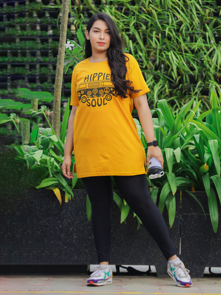 Mustard Yellow Printed Long T-Shirt for Women Crafted for Style