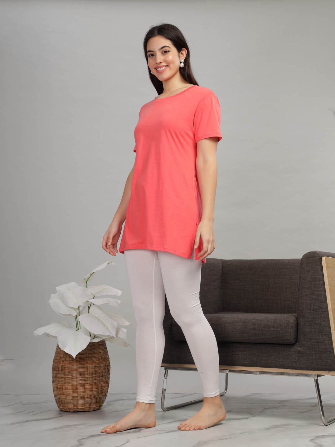 Coral Cotton Longline T-Shirt for Women with Comfy Fit