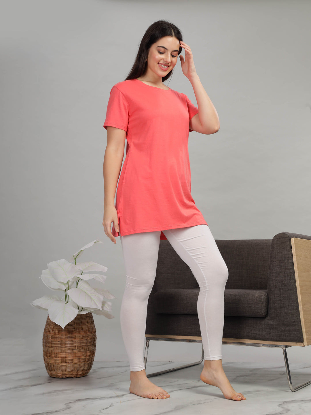 Coral Cotton Longline T-Shirt for Women with Comfy Fit