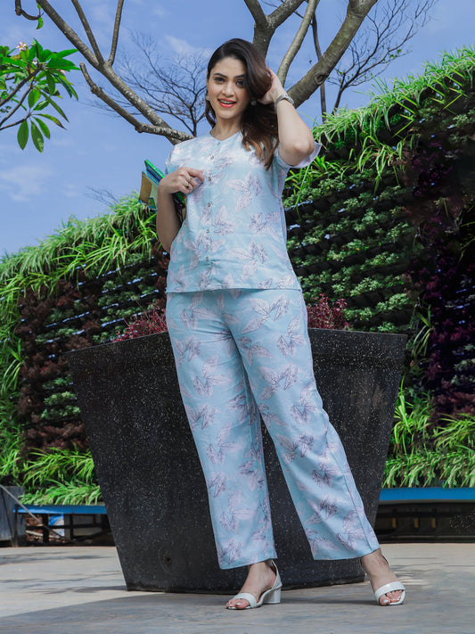 Icy Sky Blue Rayon Summer Coord Set for Women with Breezy Fit and Casual Charm