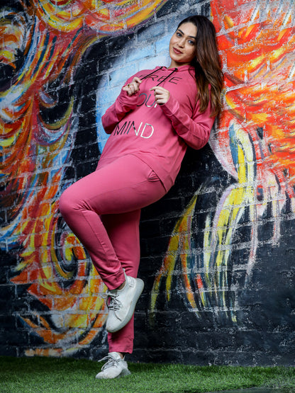 Vintage Rose Cotton Track Suit for Women with Hooded Top and Tapered Pants